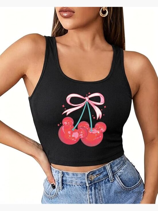 Tops - Cherry Graphic Sleeveless Tank Top Ribbed Cropped Tee Y2k Summer Vacation Top